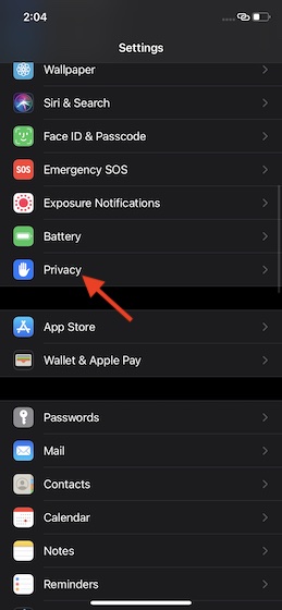 tiến hành chọn vào privacy