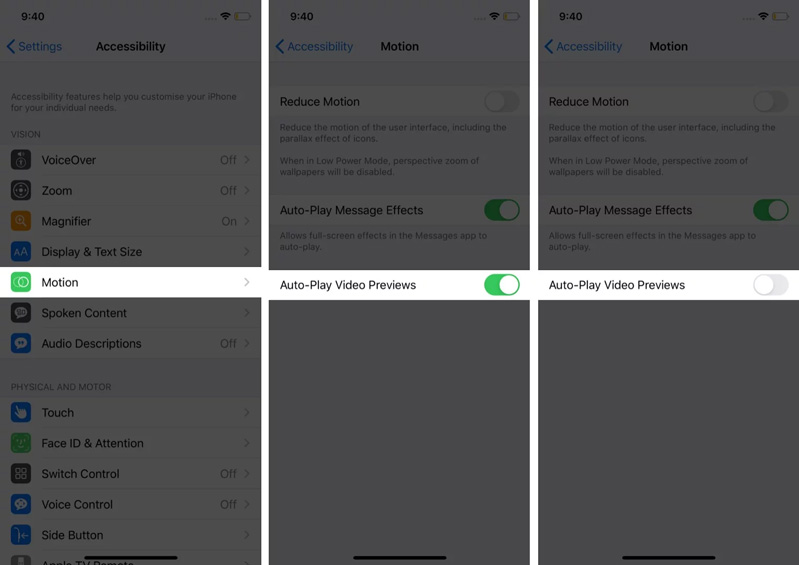 Chạm vào Chuyển động  và trên màn hình