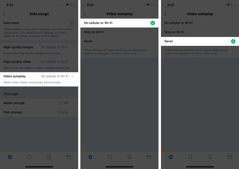 Tự động phát video và chọn Không bao giờ.