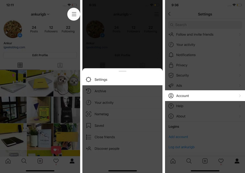 Nhấn vào Tài khoản.