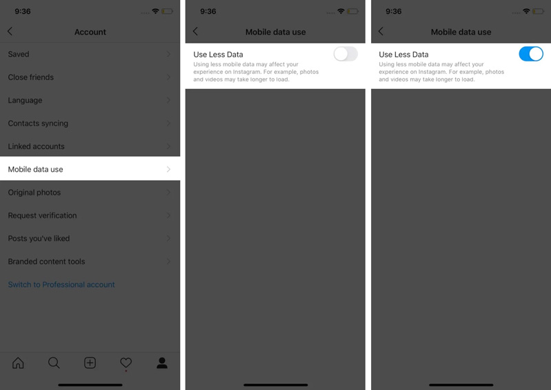 Cài đặt dữ liệu di động và bật chuyển đổi Sử dụng ít dữ liệu hơn.  