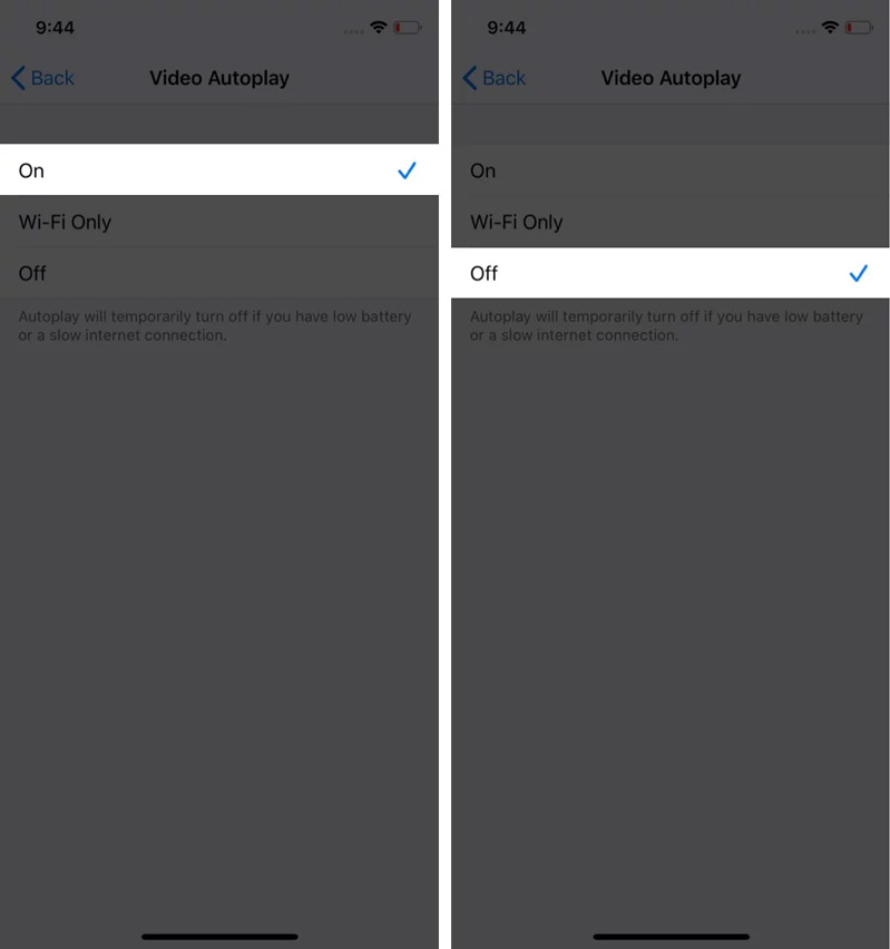 Tự động phát video và chọn Tắt từ các tùy chọn có sẵn.