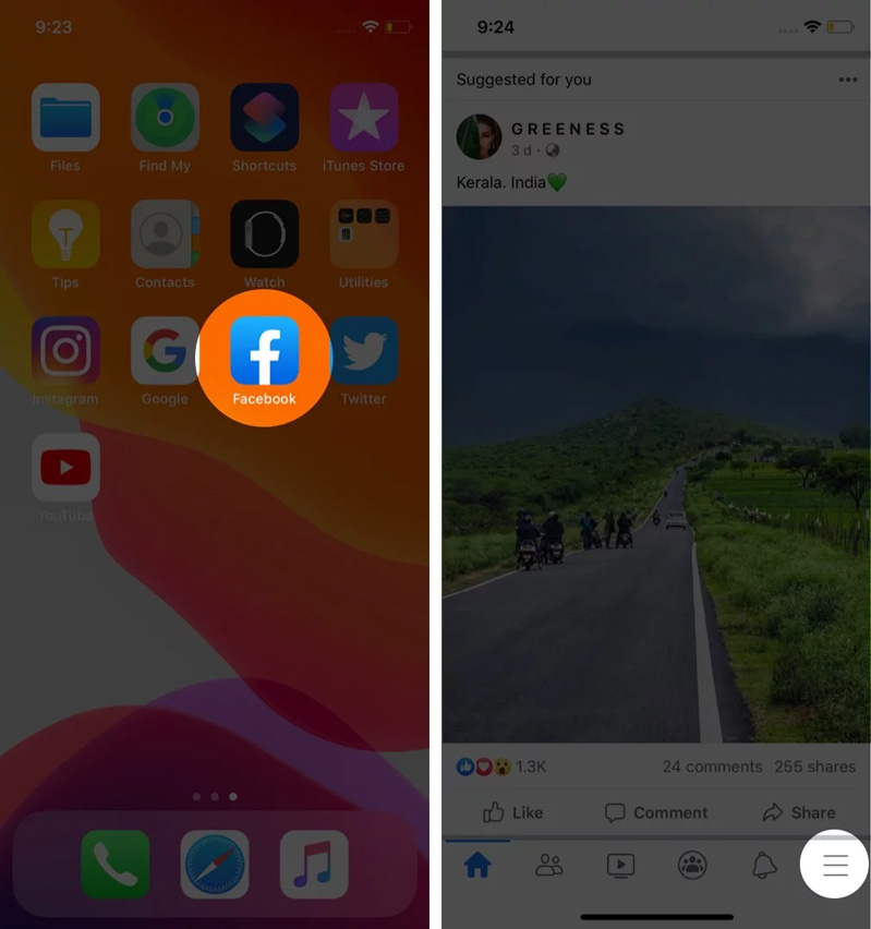 Menu từ góc dưới cùng bên phải của màn hình trong ứng dụng.