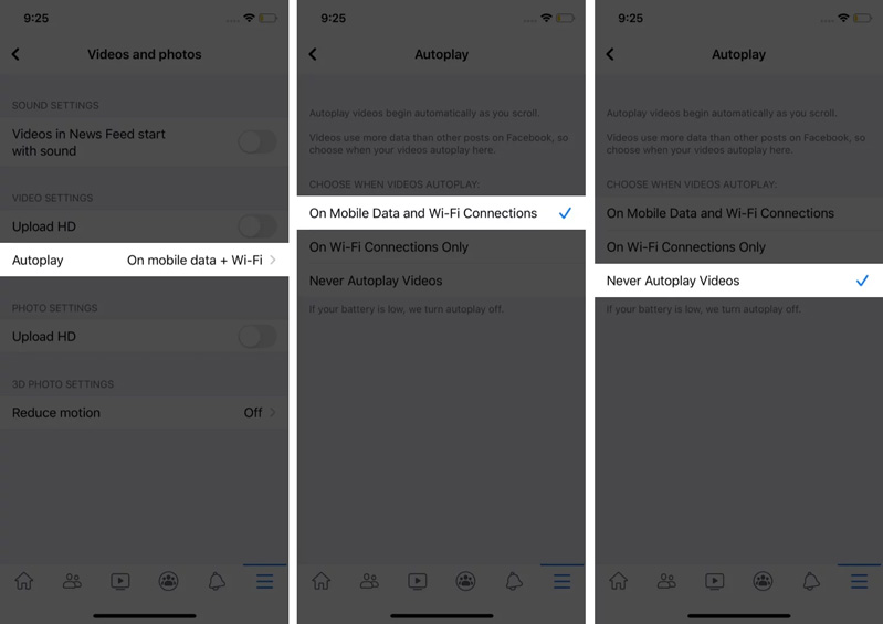 chọn Không bao giờ Tự động phát Video từ các tùy chọn.