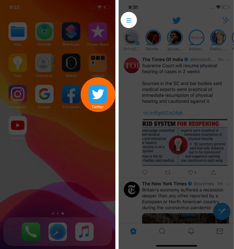Nhấn vào tùy chọn ở góc trên cùng bên trái trong ứng dụng.
