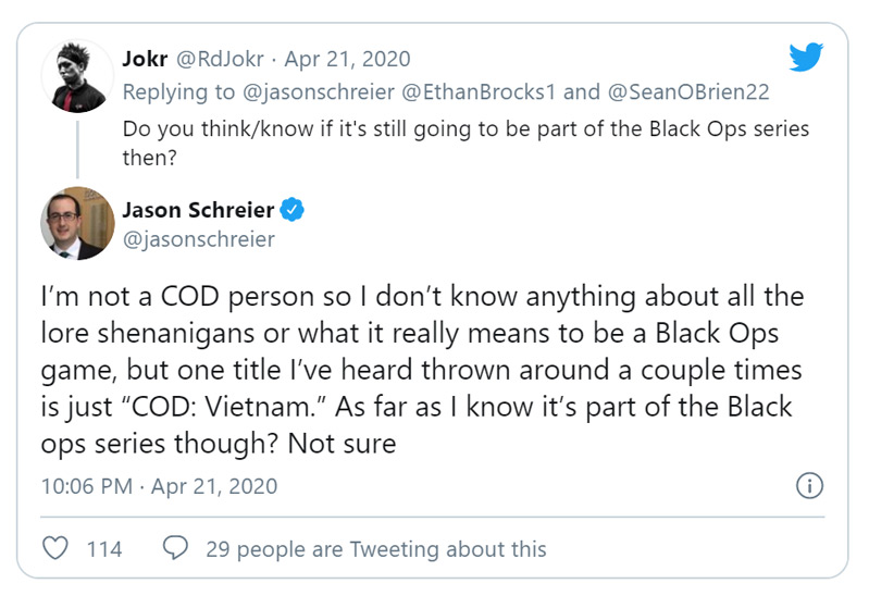 Jason Schreier của Bloomberg gần đây đã trả lời một vài dòng tweet 