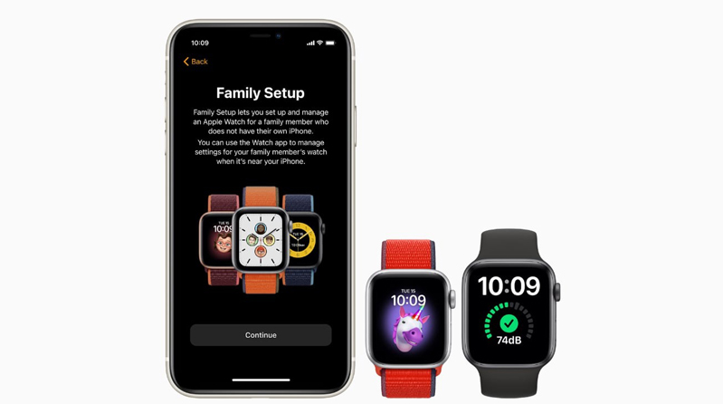 Hai kích cỡ của Apple Watch Series 6 và Apple Watch SE đứng bên cạnh chiếc iPhone đang chạy Family Setup