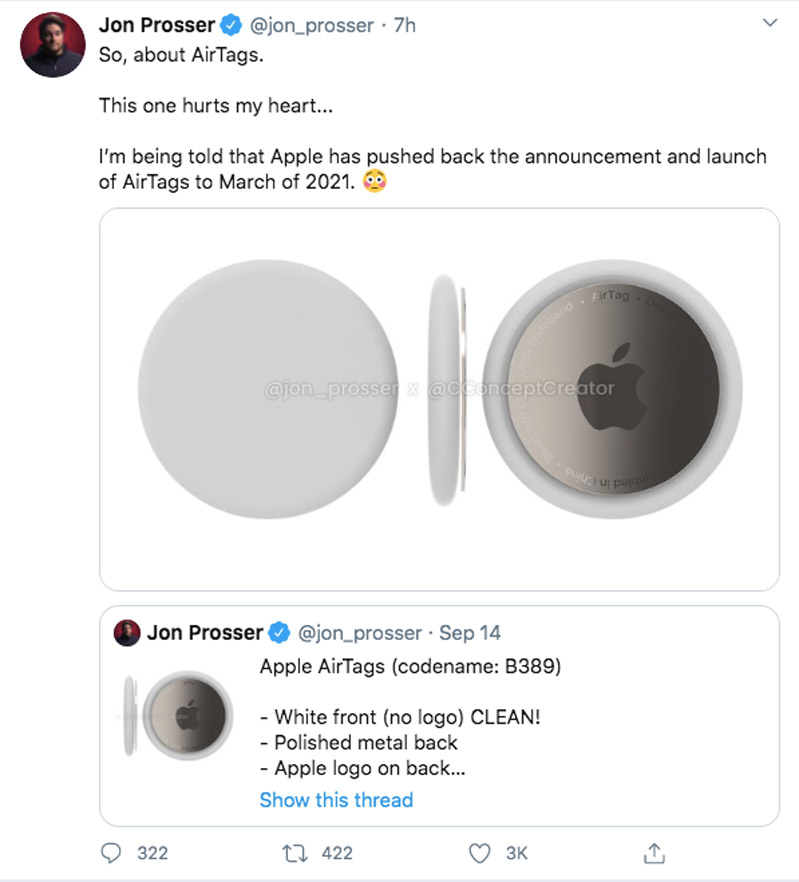 airtags hoãn ra mắt hình 2 AirTags lộ diện thông tin bởi chuyên gia leaker iPhone 12 Jon Prosser