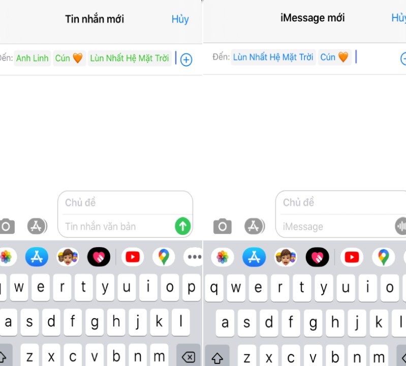 iMessage Group Chat hình 4 Tên liên hệ xuất hiện với màu xanh lam và xanh lục để biểu thị iMessage và SMS