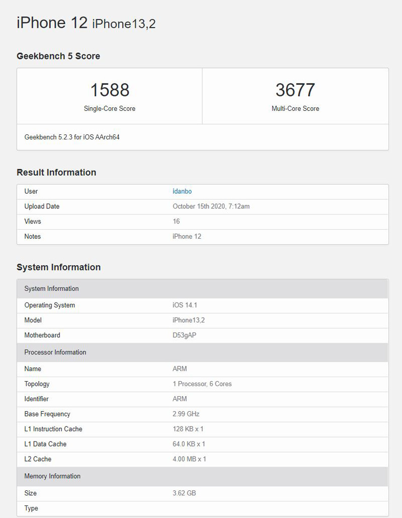 Điểm số Geekbench iPhone 12