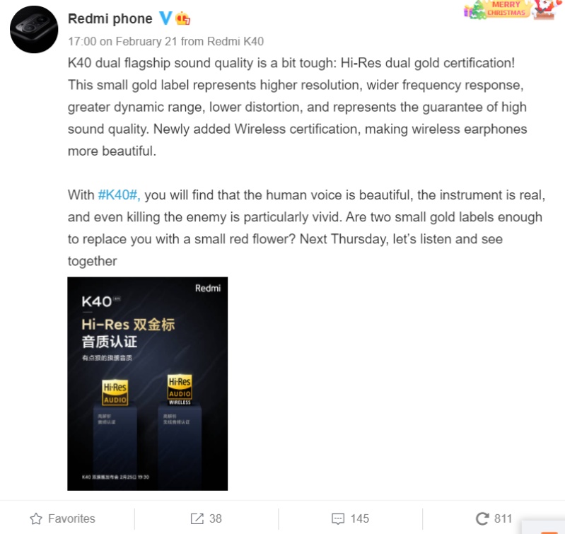 Redmi K40 đạt chứng nhận vàng Hi-Res kép