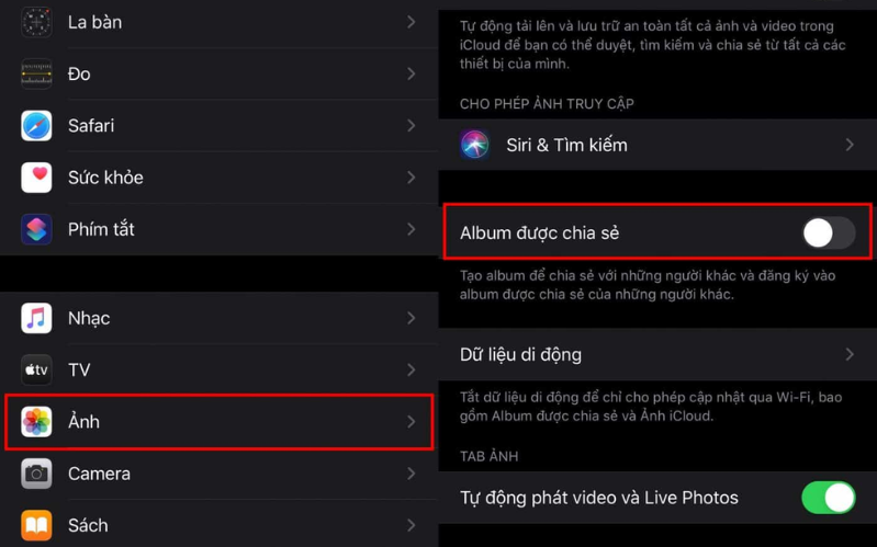 Tắt Album được chia sẻ 