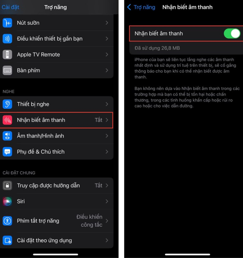 iOS 16 Tìm và nhấn chọn vào mục Nhận biết âm thanh