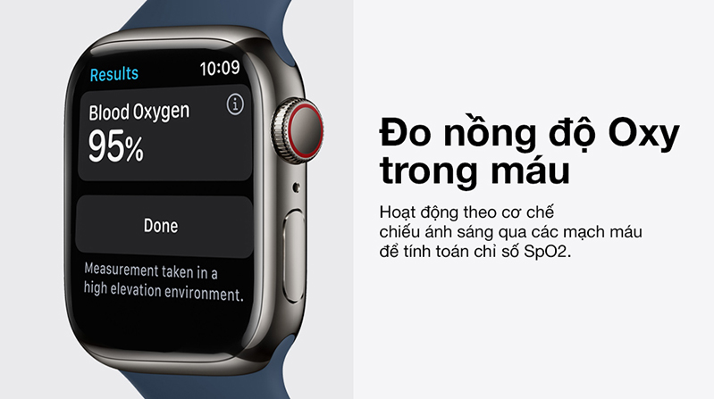 Tính năng đo  nồng độ oxy trong máu của  Apple Watch Series 8 41mm LTE viền thép dây cao su