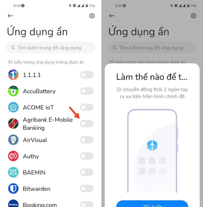 Chọn các ứng dụng cần ẩn khỏi màn hình
