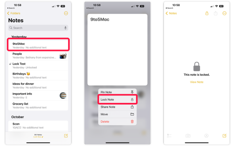 Tính năng khóa hoặc bảo mật các ghi chú 