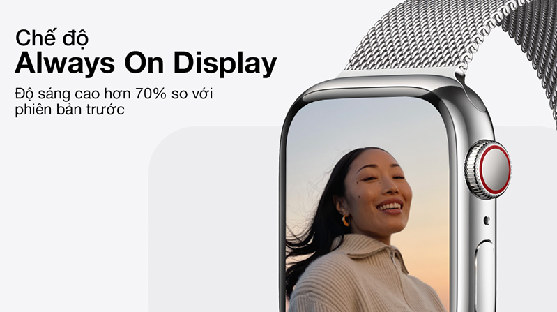 Apple Watch Series 7 45mm LTE mặt thép, dây thép Apple Watch Series 7 45mm LTE mặt thép, dây thép luôn hiển thị màn hình