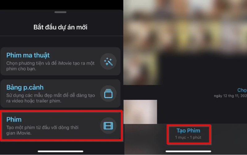 Bạn chọn Phim trong phần Bắt đầu dự án mới
