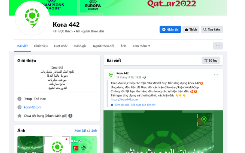 Ứng dụng Kora442 được phát tán qua trang Facebook cùng tên