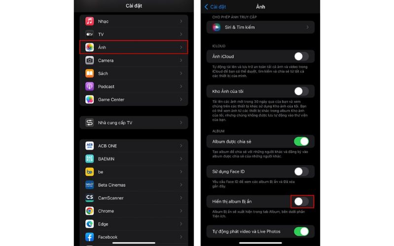 Ẩn ảnh trên iPhone Ẩn, hiện Album bị ẩn