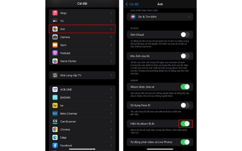 Ản ảnh trên iPhone Ẩn, hiện Album bị ẩn