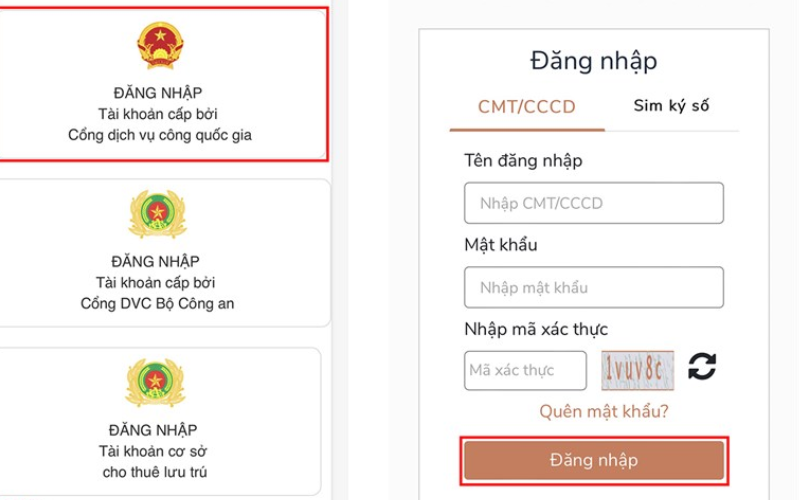 cách đăng ký giấy xác nhận thông tin cư trú dùng thay thế Chọn Đăng nhập Cổng DVC Quốc gia và đăng nhập bằng tài khoản Cổng DVC Quốc gia của mình vào để có thể tiếp tục