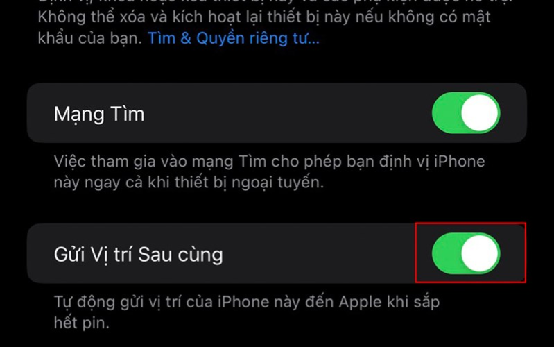 5 mẹo sử dụng định vị trên iPhone bạn hãy kích hoạt tính năng Gửi vị trí sau cùng lên thì khi iPhone của bạn sắp hết pin thì hệ thống sẽ gửi vị trí của bạn đến Apple nha