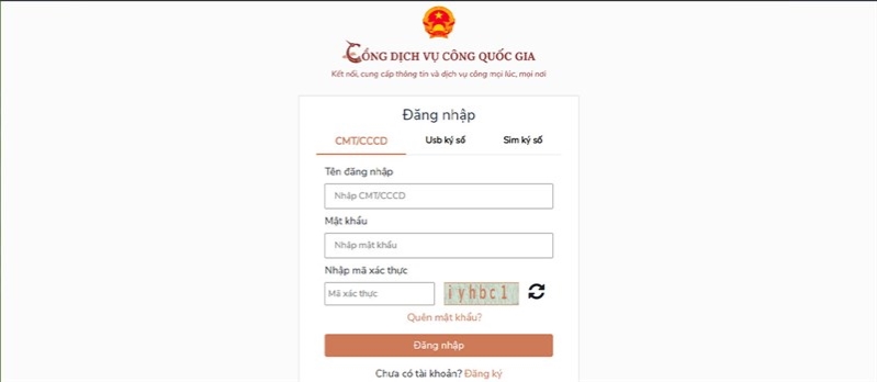 đăng nhập vào cổng dịch vụ công quốc gia