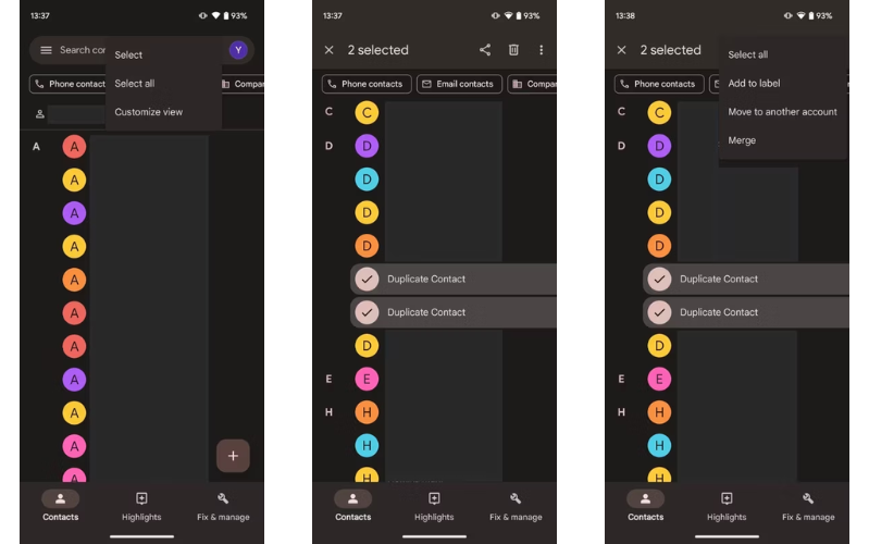 xóa liên hệ trùng lặp bằng danh bạ của Google