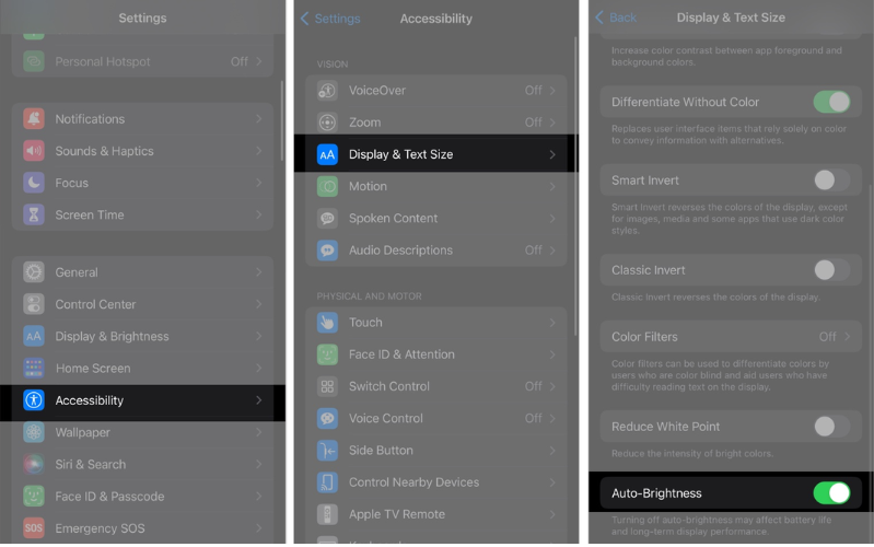 Cách khắc phục lỗi lưu ảnh màn hình iPhone bạn cũng có thể bật Độ sáng tự động để điều chỉnh cho phù hợp với điều kiện ánh sáng hiện tại