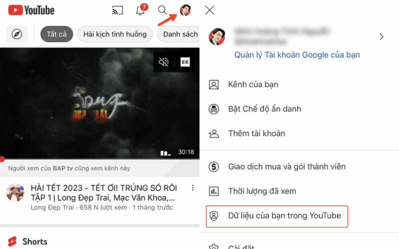 Cách chặn YouTube theo dõi hoạt động của bạn Nhấn vào ảnh đại diện ở góc trên bên phải và chọn Your data in YouTube (dữ liệu của bạn trong YouTube).