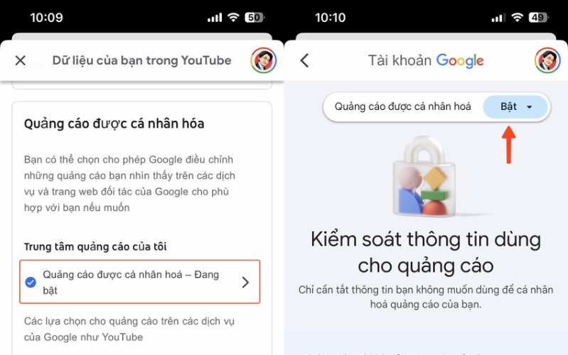 Cách chặn YouTube theo dõi hoạt động của bạn Nhấn vào menu bên cạnh tùy chọn Personalized ads (quảng cáo được cá nhân hoá) ở góc phải rồi bấm Turn off (tắt)
