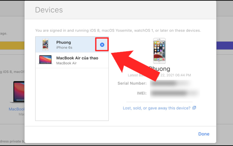 cách xóa iCloud khỏi iPhone bị mất Chọn vào dấu X để xóa iCloud ra khỏi thiết bị