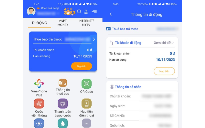 Đăng nhập vào ứng dụng bằng tài khoản tương ứng, bấm vào mục Thông tin thuê bao trên giao diện chính