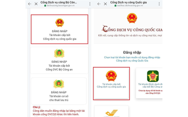 Cách trình báo mất hộ chiếu online cách thức đăng nhập là Tài khoản cấp bởi dịch vụ công quốc gia