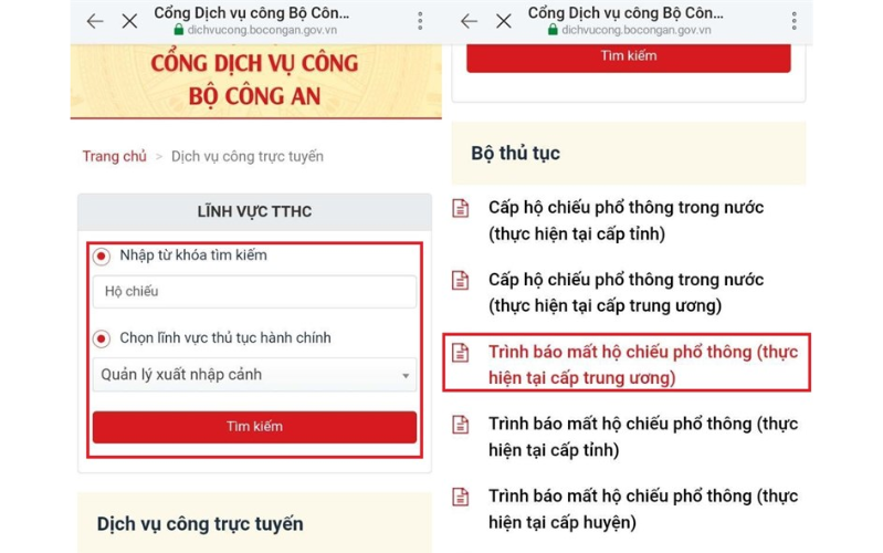 Cách trình báo mất hộ chiếu online bạn lướt xuống phần bên dưới chọn Trình báo mất hộ chiếu Phổ thông