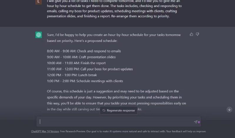 Cách dùng ChatGPT để nâng cao năng suất làm việc ChatGPT hỗ trợ tạo lịch làm việc cho bạn hằng ngày