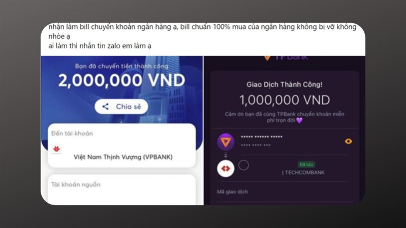 Giả mạo hóa đơn chuyển khoản Nở rộ dịch vụ làm giả biên lai để lừa đảo