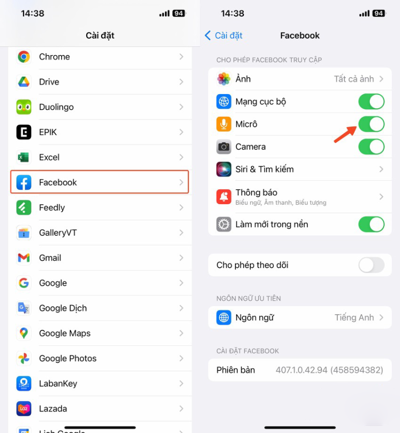 Thu hồi quyền truy cập micro của ứng dụng FaceBook trên iPhone