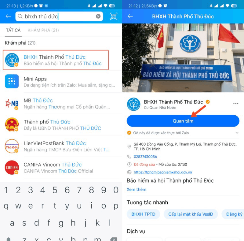 Quan tâm trang Zalo của BHXH Thành phố Thủ Đức