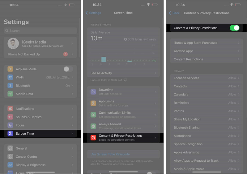 Cách ngăn người khác thay đổi mật khẩu trên iPhone  Bật Giới hạn nội dung và quyền riêng tư