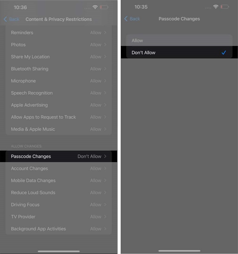 Cách ngăn người khác thay đổi mật khẩu trên iPhone chọn vào tùy chọn Không cho phép