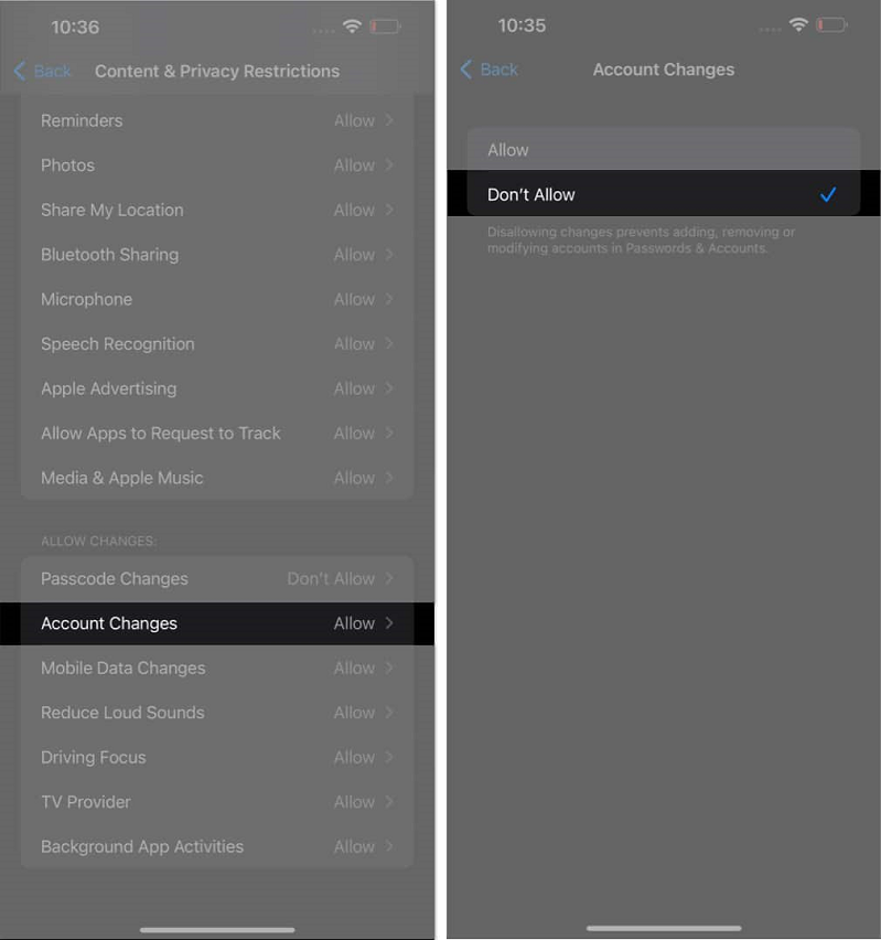Cách ngăn người khác thay đổi mật khẩu trên iPhone  chạm vào nút Quay lại để trở về giao diện trước đó