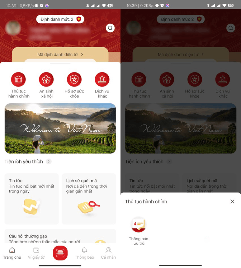 Đăng ký lưu trú trên ứng dụng VNeID Màn hình hiển thị trang chính của ứng dụng VNeID và bước đầu để đăng ký