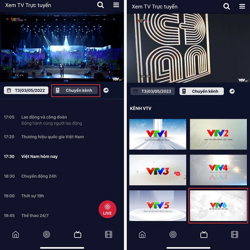 Chuyển kênh để đến kênh VTV6 có truyền hình trực tiếp 