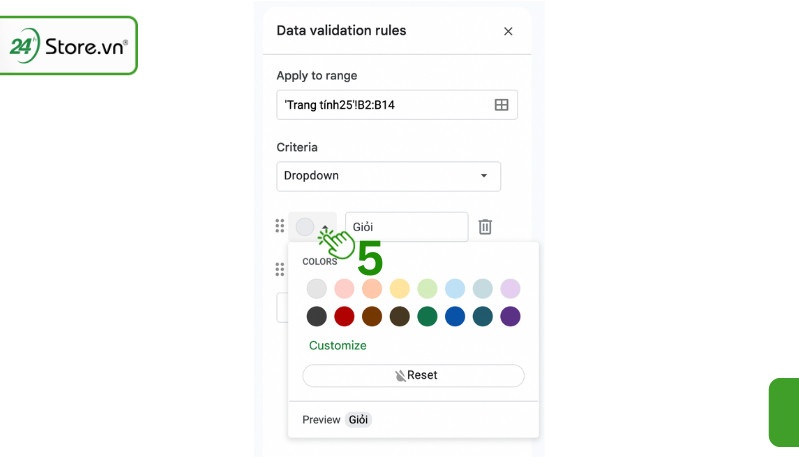 Cách tạo lựa chọn trong Google sheet có màu bằng Data Validation