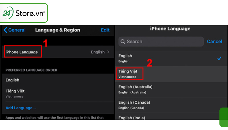 Chọn “Ngôn ngữ của iPhone”/iPhone Language