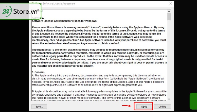 Nhấn chọn Launch -> tại cửa sổ iTunes software License Agreement chọn Agree