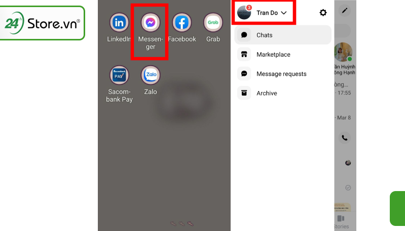 Truy cập ứng dụng Messenger và chọn biểu tượng mũi tên