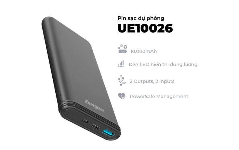 Dung lượng pin của sạc dự phòng Energizer UE10026BK là 10.000mAh lên đến 36 giờ cho smartphone, khoảng 16 giờ cho máy tính bảng